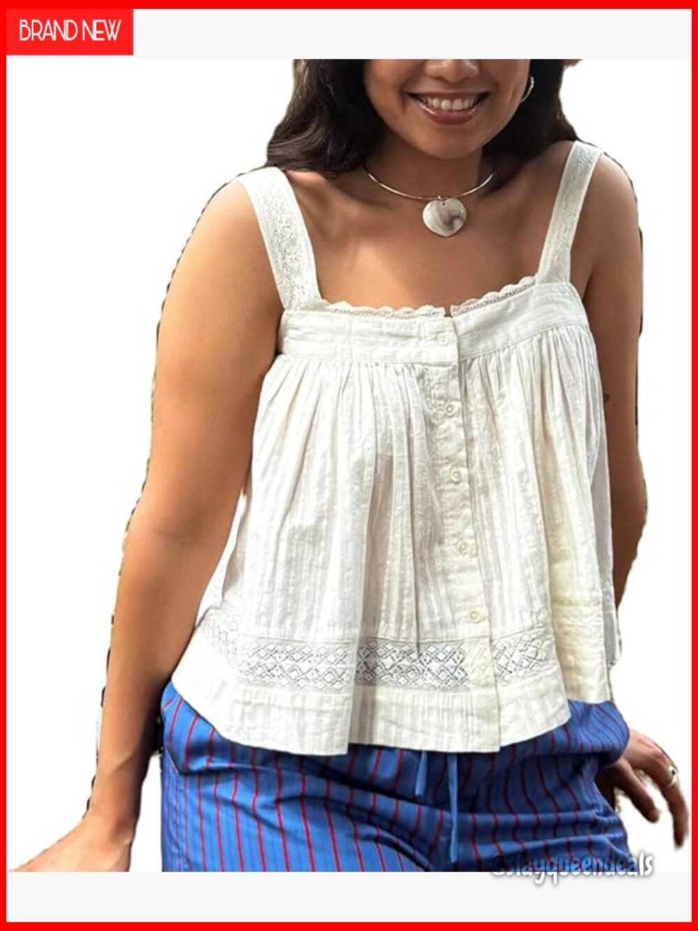 Lace Trim Eyelet Peplum Button Down Camisole Crop Top Sleeveless